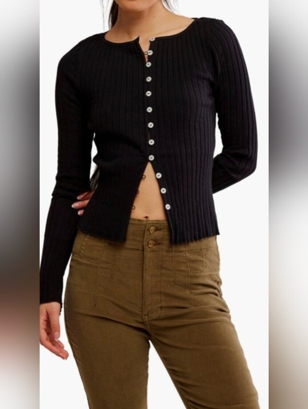 Free People Tilly Long Sleeve Black Ribbed Button-Front Cardigan Top